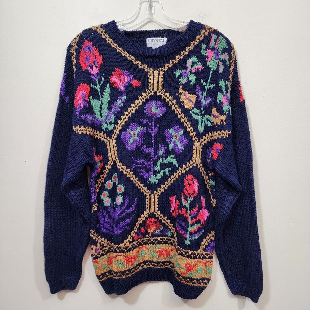 Vintage Crystal Sportswear floral pattern knit sweater woman's size‎ medium